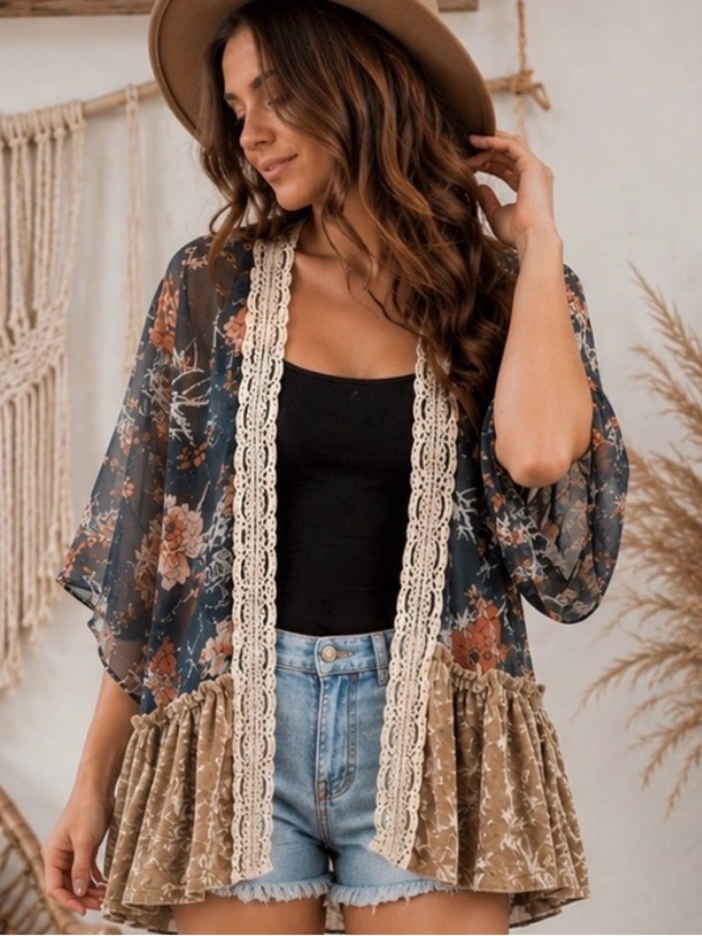 Signature Studio Floral Lace Trim Velvet Kimono Cardigan Boho Medium M